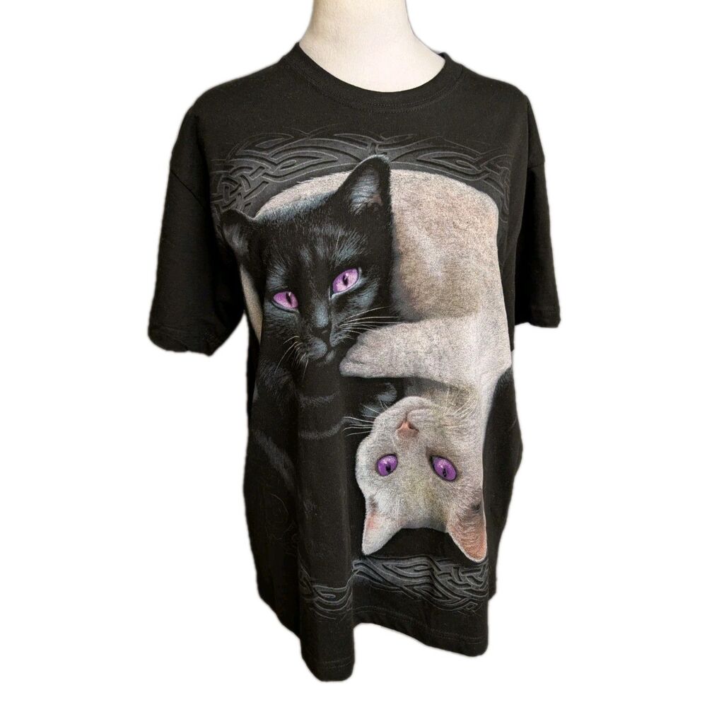 Spiral T-Shirt Women's Large Black White Cat Yin Yang Y2K Skater 90's Goth
